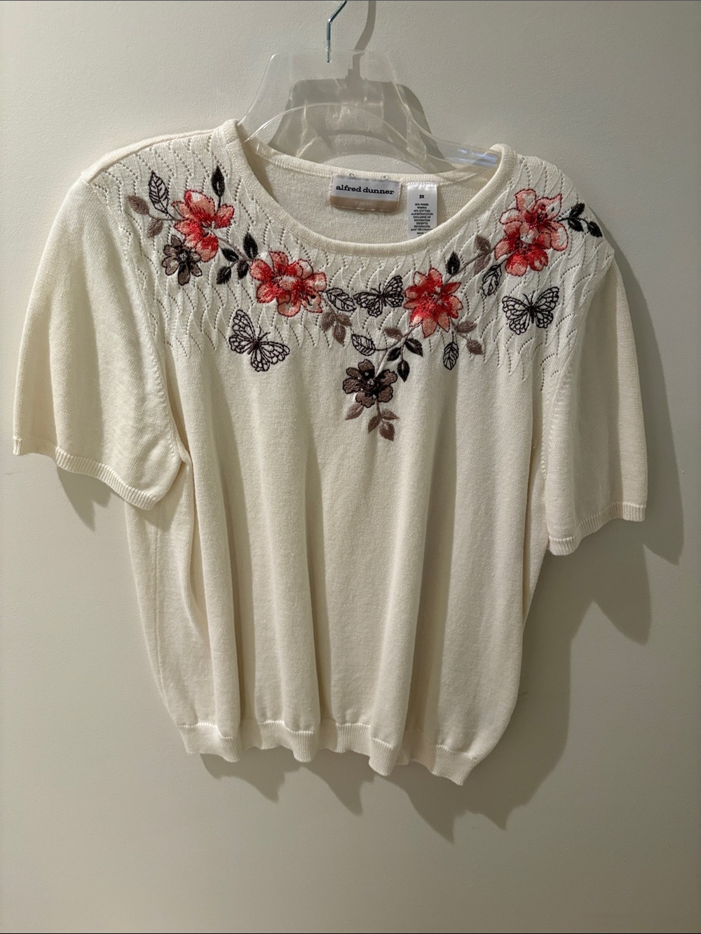 Alfred Dunner Cream Short-Sleeve Top with Red Floral & Butterfly Embroidery